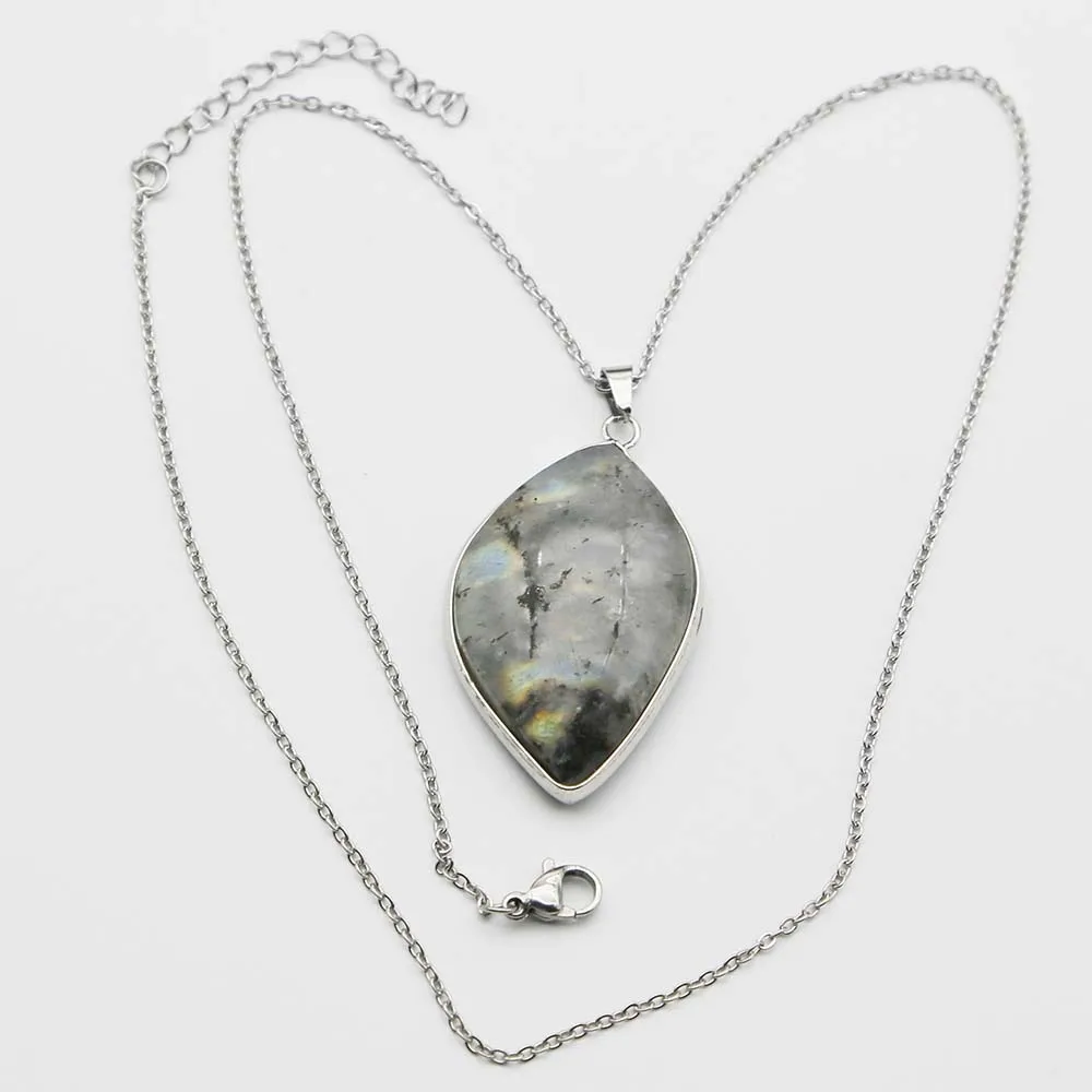 Natural Labradorite Stone Silver Edge Irregular Pendant Stainless Steel Chain Necklace Charms Jewelry Accessories Wholesale 6Pcs