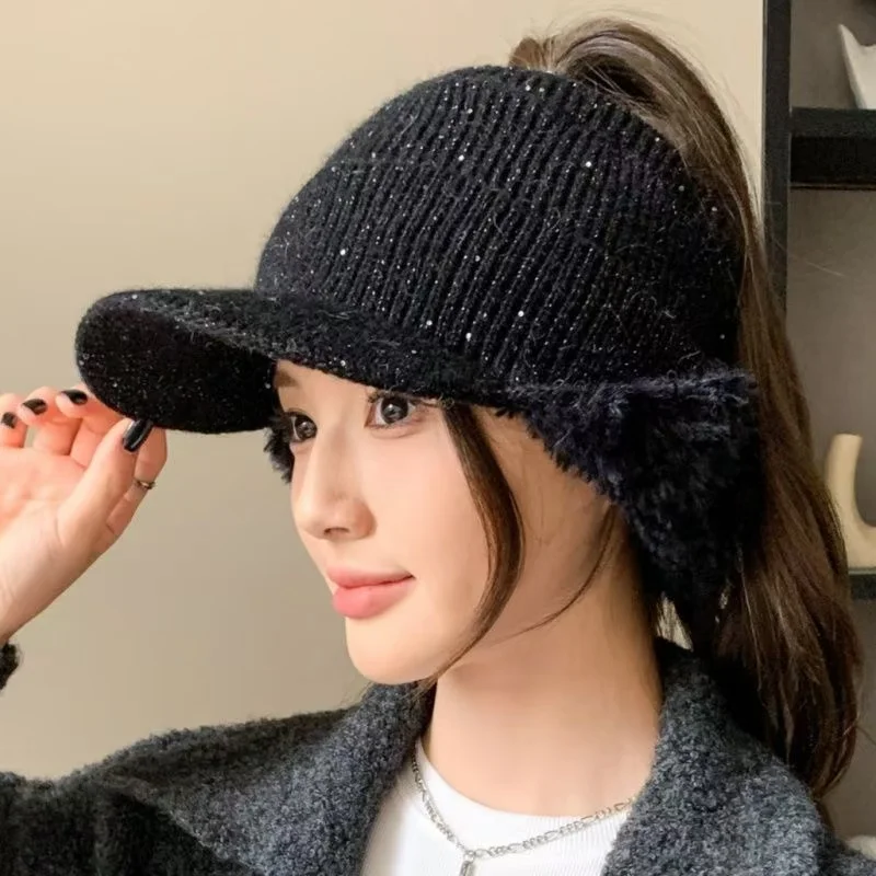 Hot Sale Women Warm Visor Hat With Earflap Fashion Plush Fur Knitted Hat Soft Winter Beanie Hats Female Streetwear Ponytail Cap