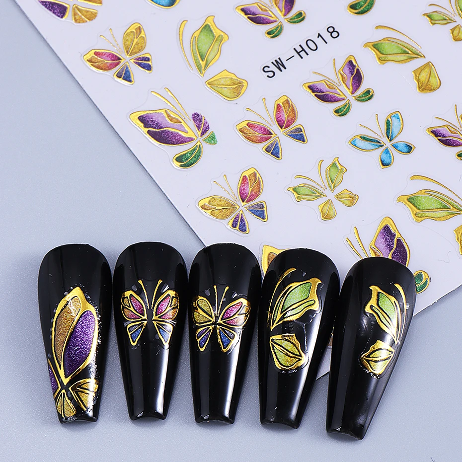 2pcs 3D Bronzing Butterfly Nail Stickers Golden Thread Petals Tulip Floral Adhesive Sliders Nail Decals DIY Charm Manicure Decor