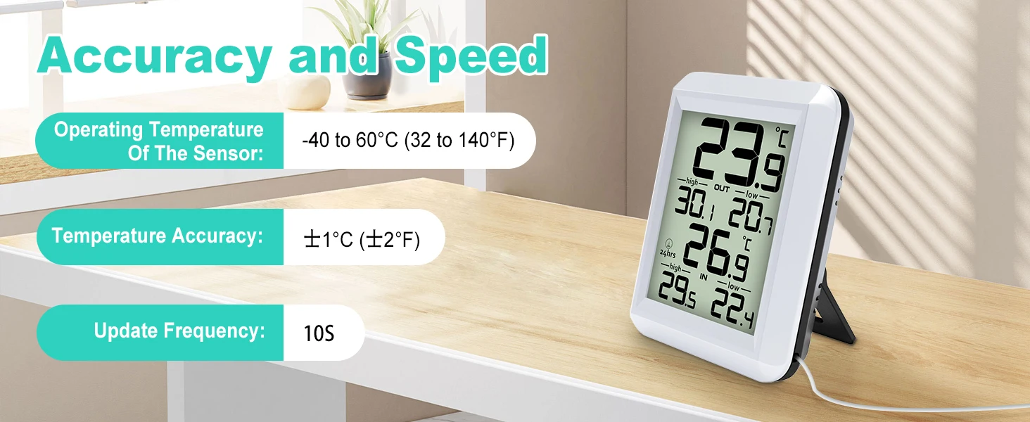 Digital In/Outdoor Thermometer Wired Monitor with Min/Max Record and Probe Senso