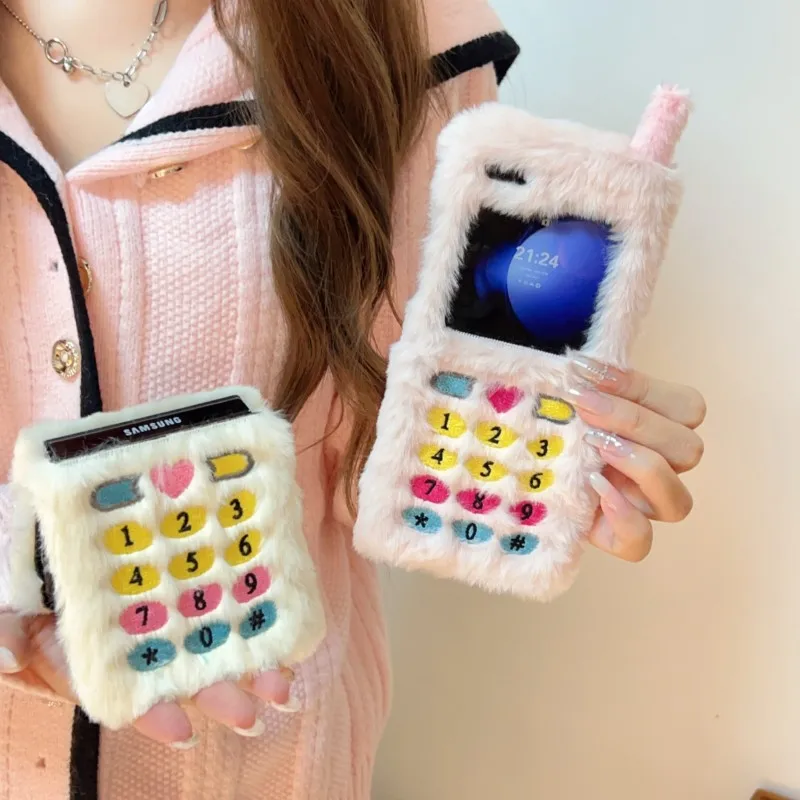 Retro Vintage Fluffy Phone Case - Cute Classic Brick Design Plush Furry Soft Cover