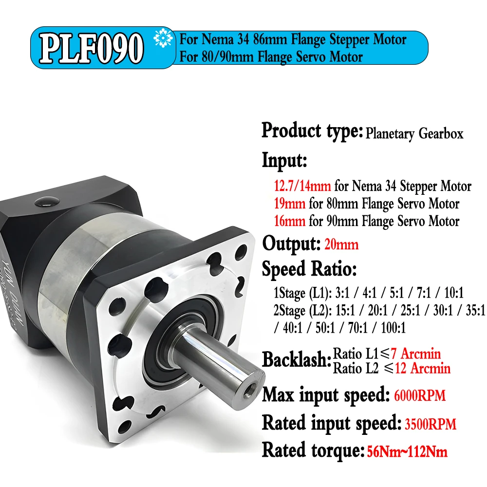 유성 기어박스 7 Arcmin 80/90mm 플랜지 750W 서보 모터 스퍼 기어 감속기 12.7/14/16/19mm 입력 속도 비율 3:1-100:1