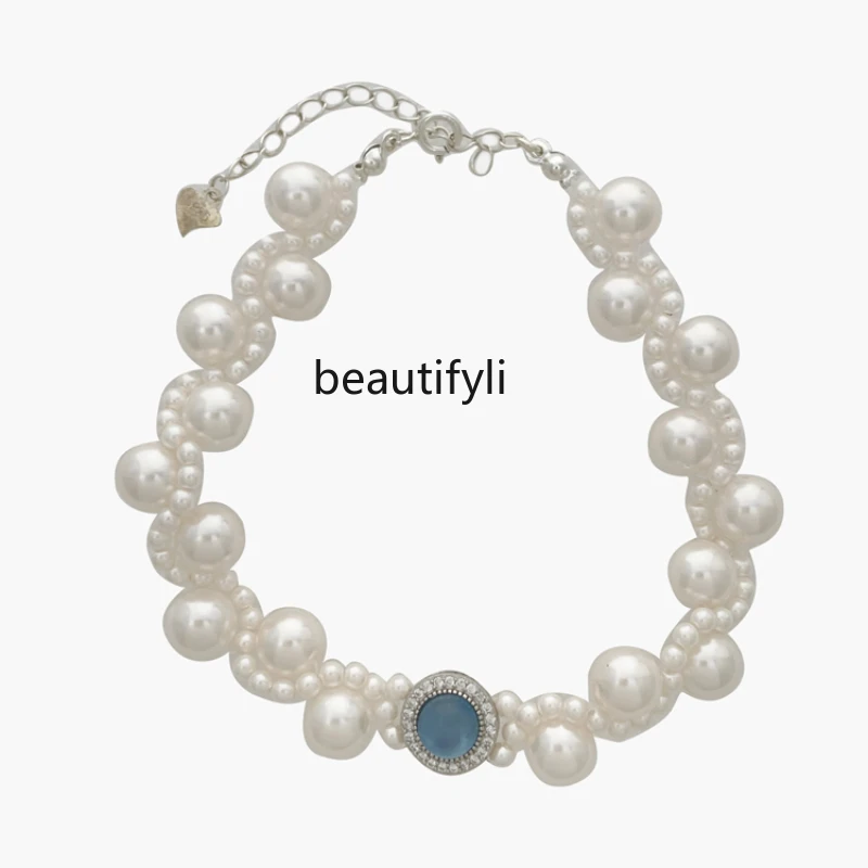 

Multi-Layer Aquamarine 925 Silver Pearl Bracelet Entire Sterling Silver Light Luxury Minority French Style Women's Bracelet