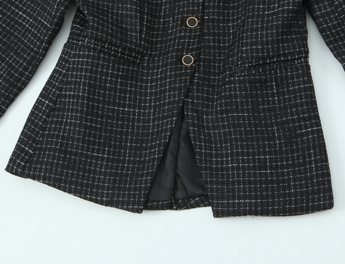 French Style Retro V collar Plaid Woven Tweed Blazer + High Waist Mini Short Skirts Suits 2 pieces 1 Set Black White
