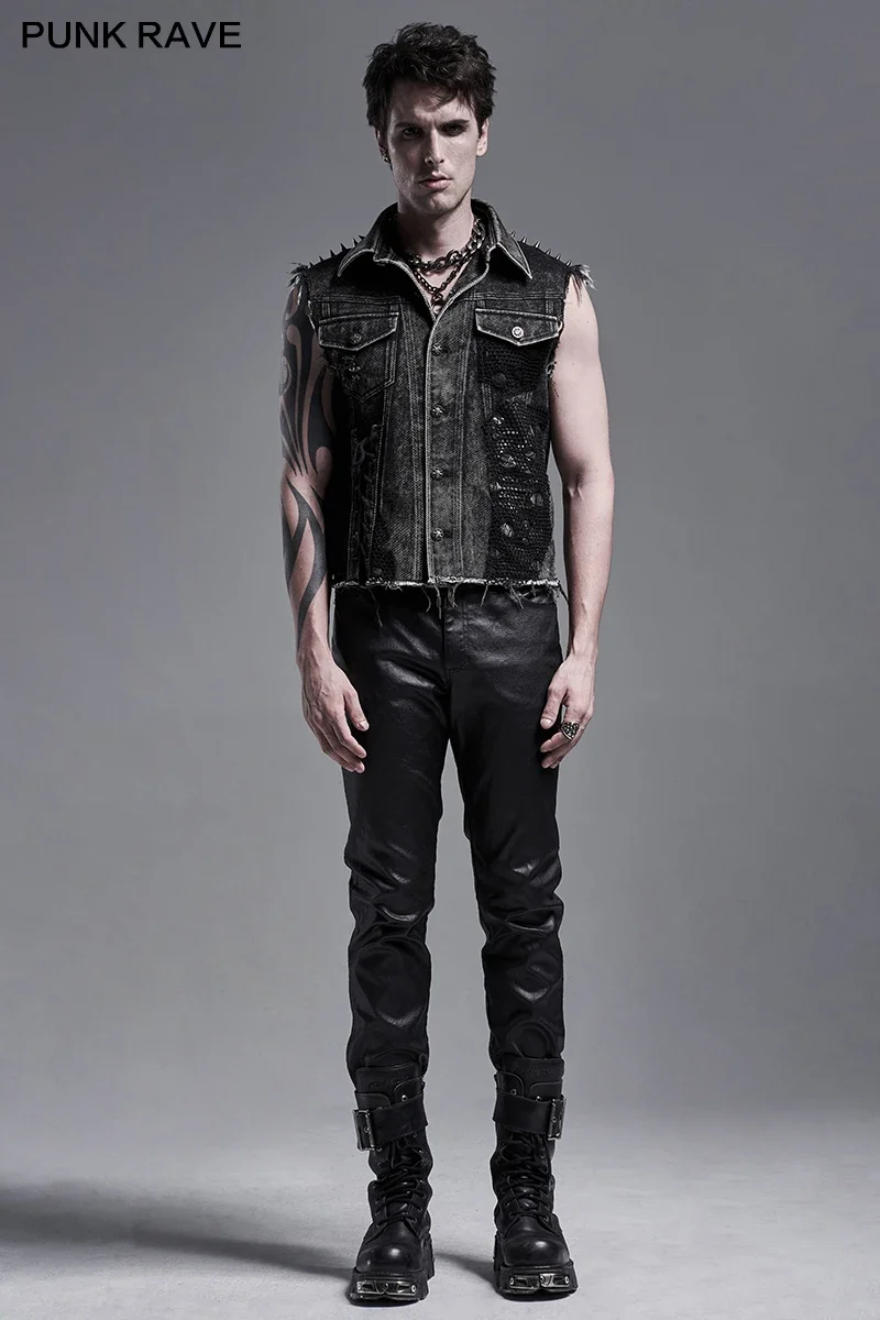 PUNK RAVE Men's Punk Daily Wear Decadent Broken Vest Distressed Turn Collar Casual Denim Waistcoat Streetwear 4