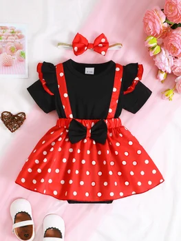 Summer 0-1 Years Old Infant Baby Girls short-sleeved Dot Print Dress Casual 2-Piece Set With Hairband 1