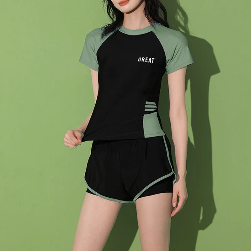 2023 New Summer Fashion Contrast Color Round Neck Casual Beach Hot Spring Swimming Sports Two Piece Conservative Swimwear