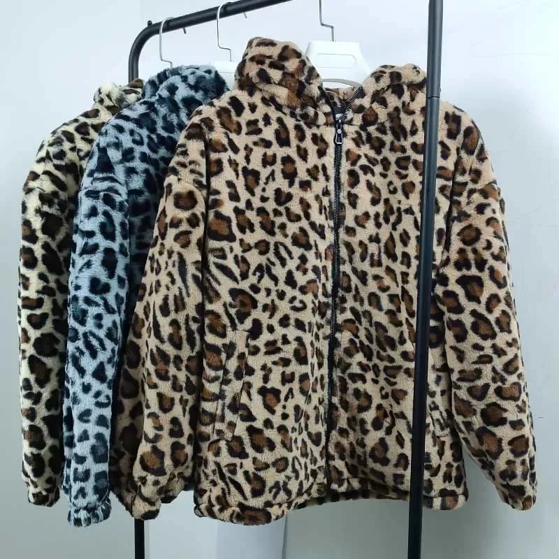 Version Lamb Wool Coat Women Winter Pink Leopard Print Thick Coat Korean Loose Plus Velvet Thick Retro Bright Color Street Coat