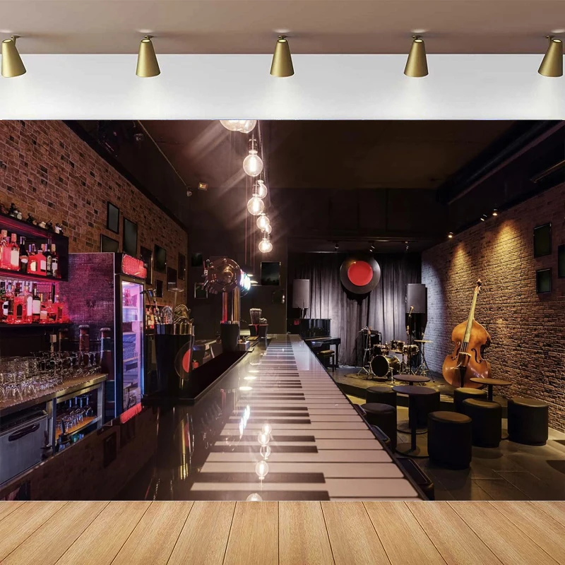 

Music Club Photography Backdrop Modern For Pub Bar Cafe Interior Piano Cello Rock Roll Jazz Blues Music Stage Concert Background