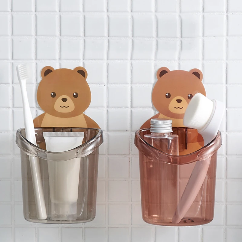 

Cute Bear Puch Free Toothbrush Holder Bathroom Wall Mounted Toothpaste Toothbrush Storage Bucket Toilet Toiletries Rack