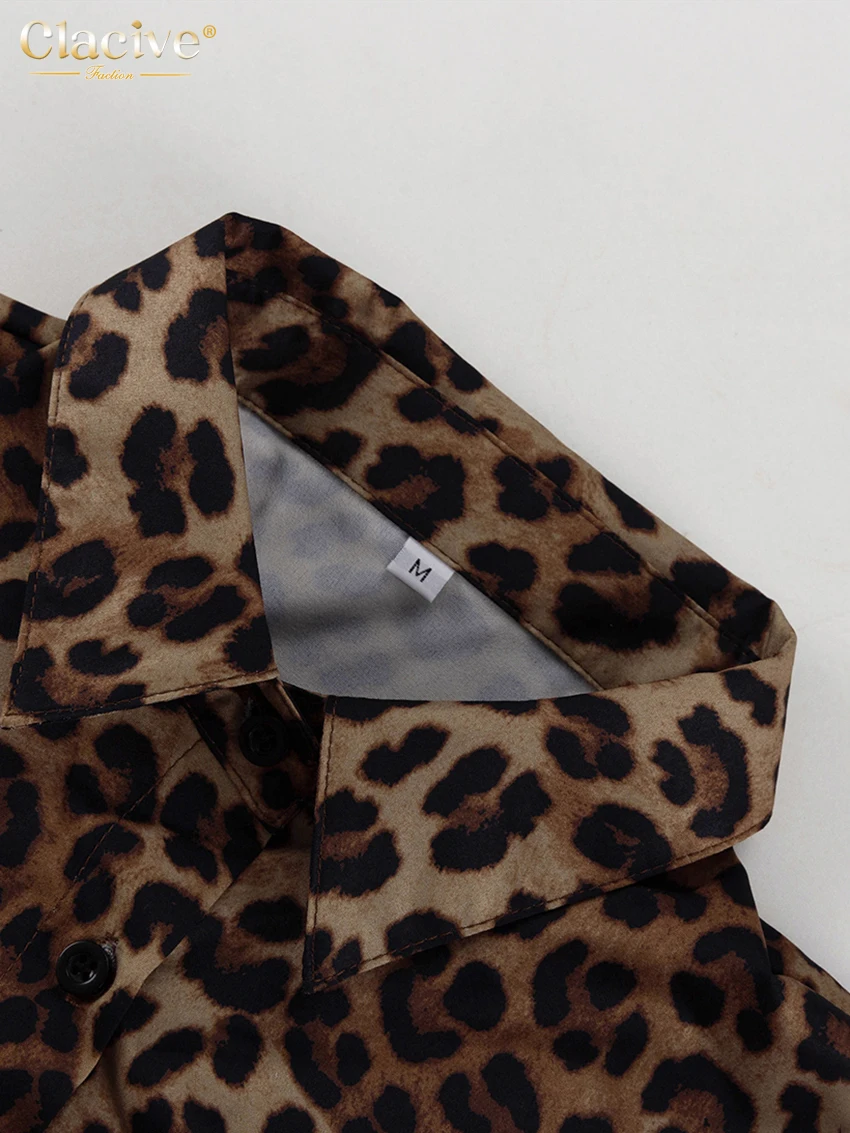 Clacive Sexy Slim Leopard Print Women Two Piece Outfits 2023 Fashion Long Sleeve Shirts With Mid Waits Wide Leg Pants Set Female