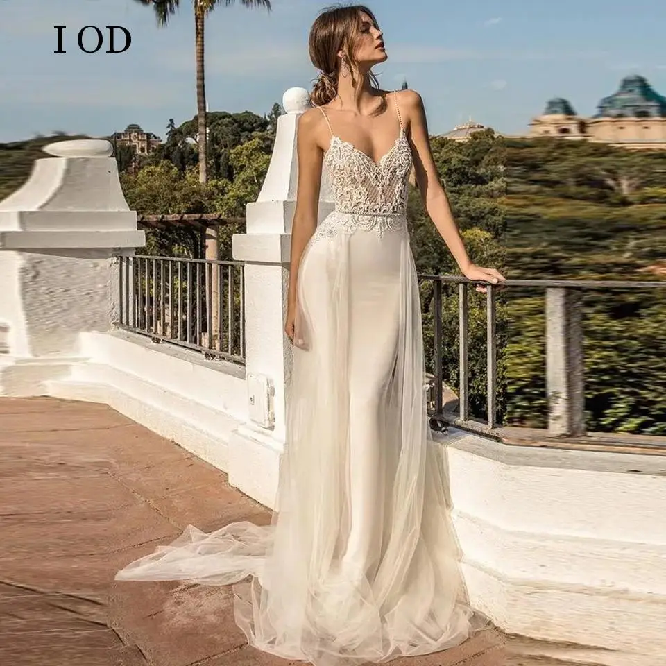 

I OD Elegant Mermaid Wedding Dresses Sexy V-Neck Spaghetti Lace Appliques Backless Bridal Gown Sweep Train Vestido De Novia New