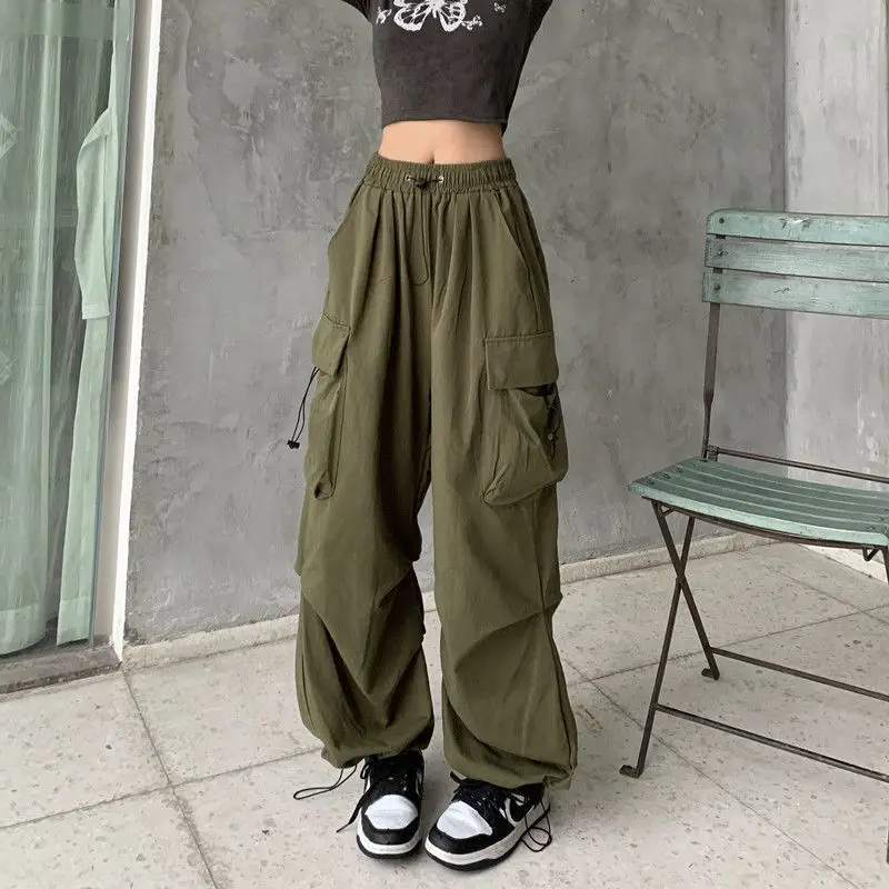 Woman Trousers Cargo Pants Straight Wide Leg Drawstring Oversize Pockets High Waisted Breathable Y2K Solid Color Sweatpants