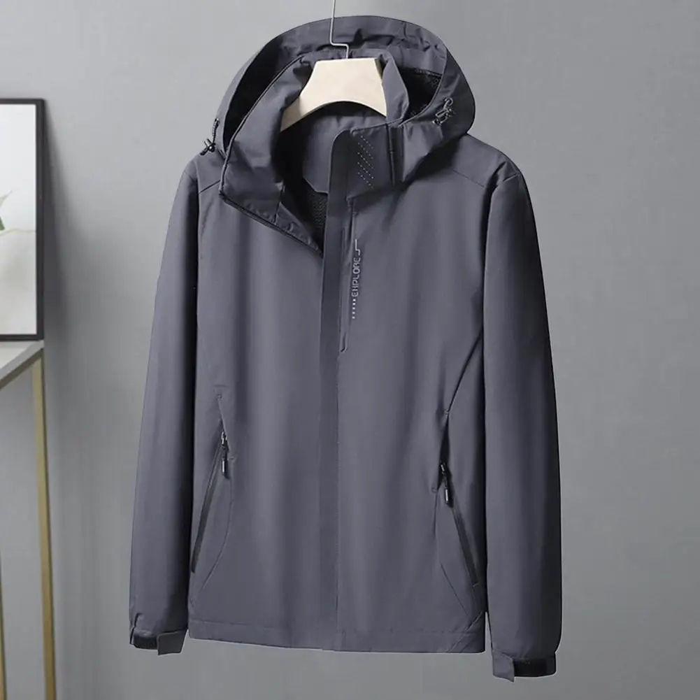 

Solid Color Men Jacket Waterproof Camping Mountaineering Jacket with Hood Zipper Pockets Breathable Design for All-weather