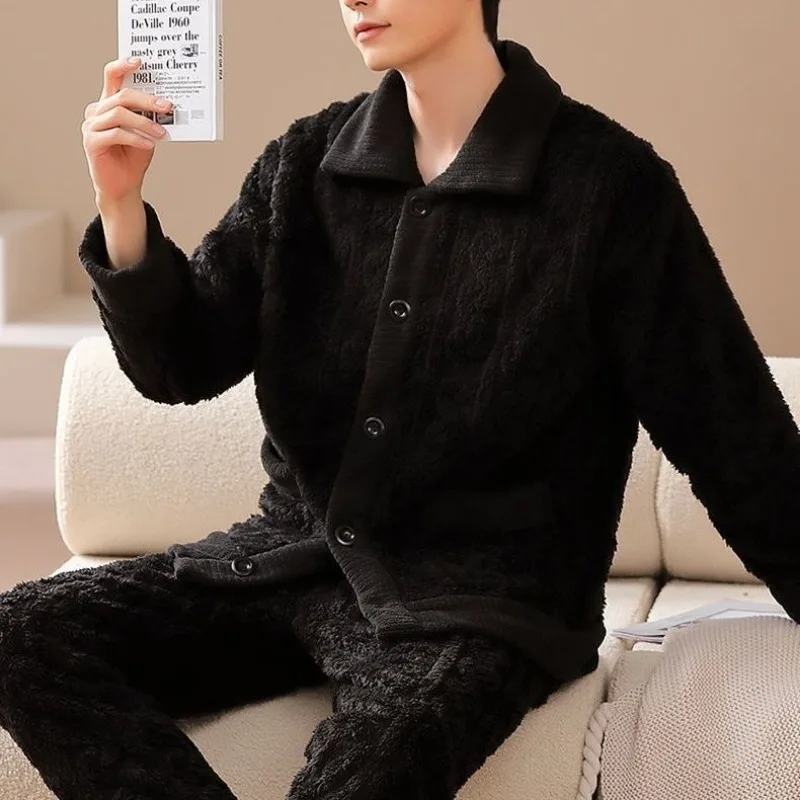 2024 New Coral Fleece Pajamas Men Winter Thickened Loungewear Long Sleeve Fleece Sleepwear Loose Warm Lapel Collar Homewear Set