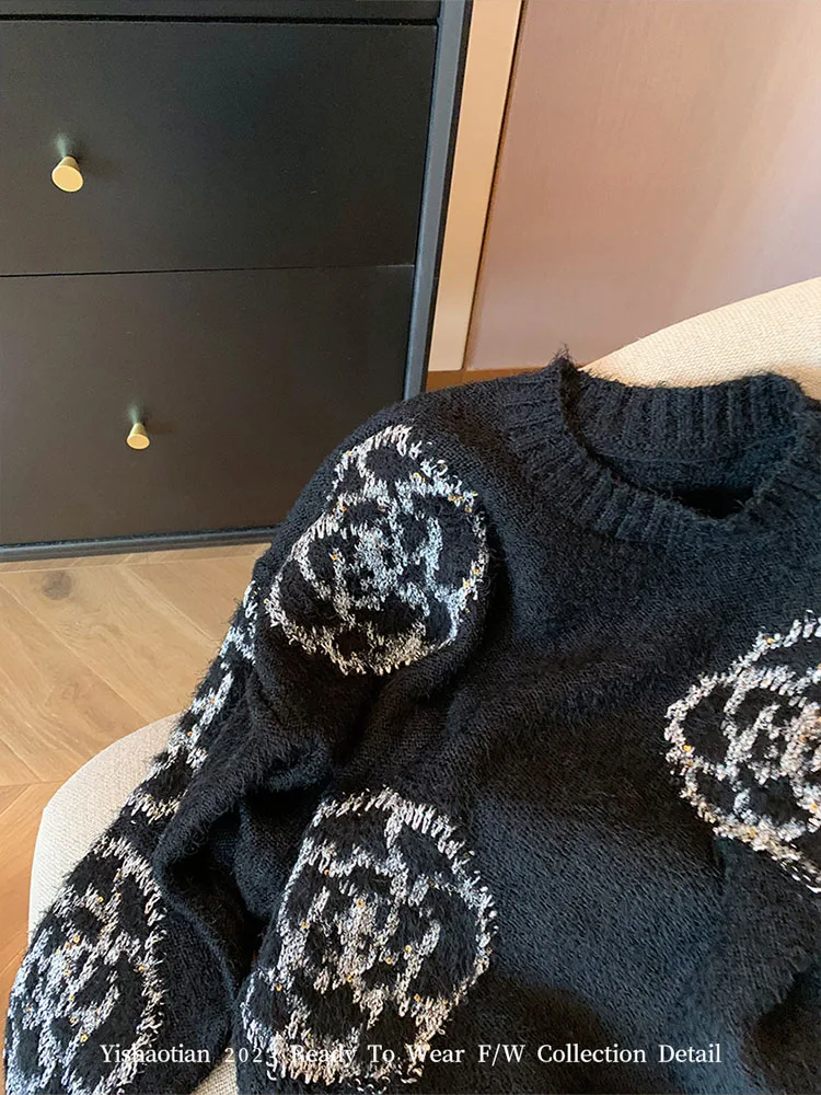 2023 Autumn Winter Black O-Neck Sweaters New Fashion Casual Knitted Top Pullovers Office Lady Oversized Jacquard Sweater Gothic