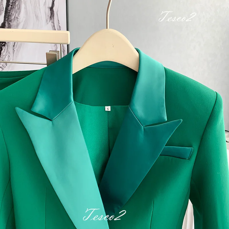 Tesco Fashion Green Women's Suit Patchwork Collar Blazer And Flare Pants Office Slim Pantsuit Casual Female Outfits 2 Piece