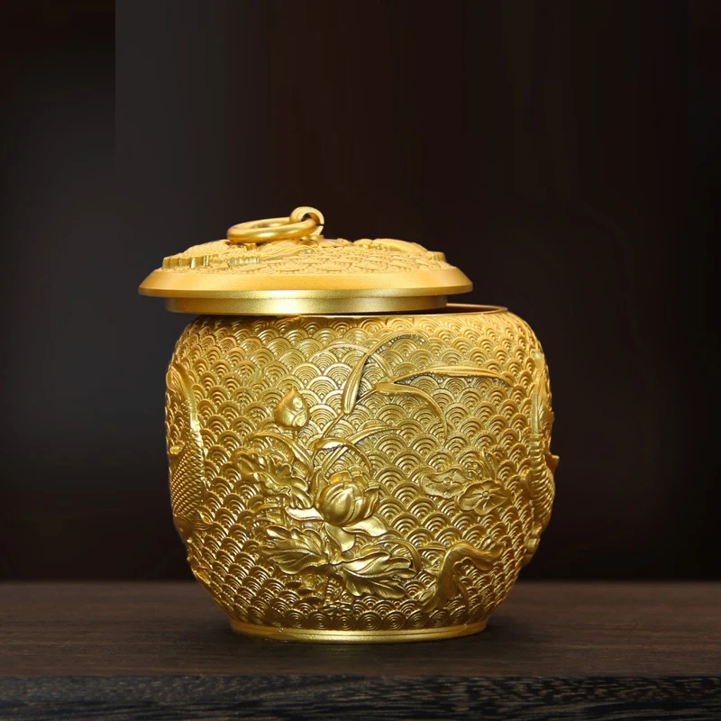 Chinese Brass Carp Pattern Sealed Tea Can Portable Travel Mini Storage Home Furnishings Office Tabletop Decor Copper Tea Box 1Pc