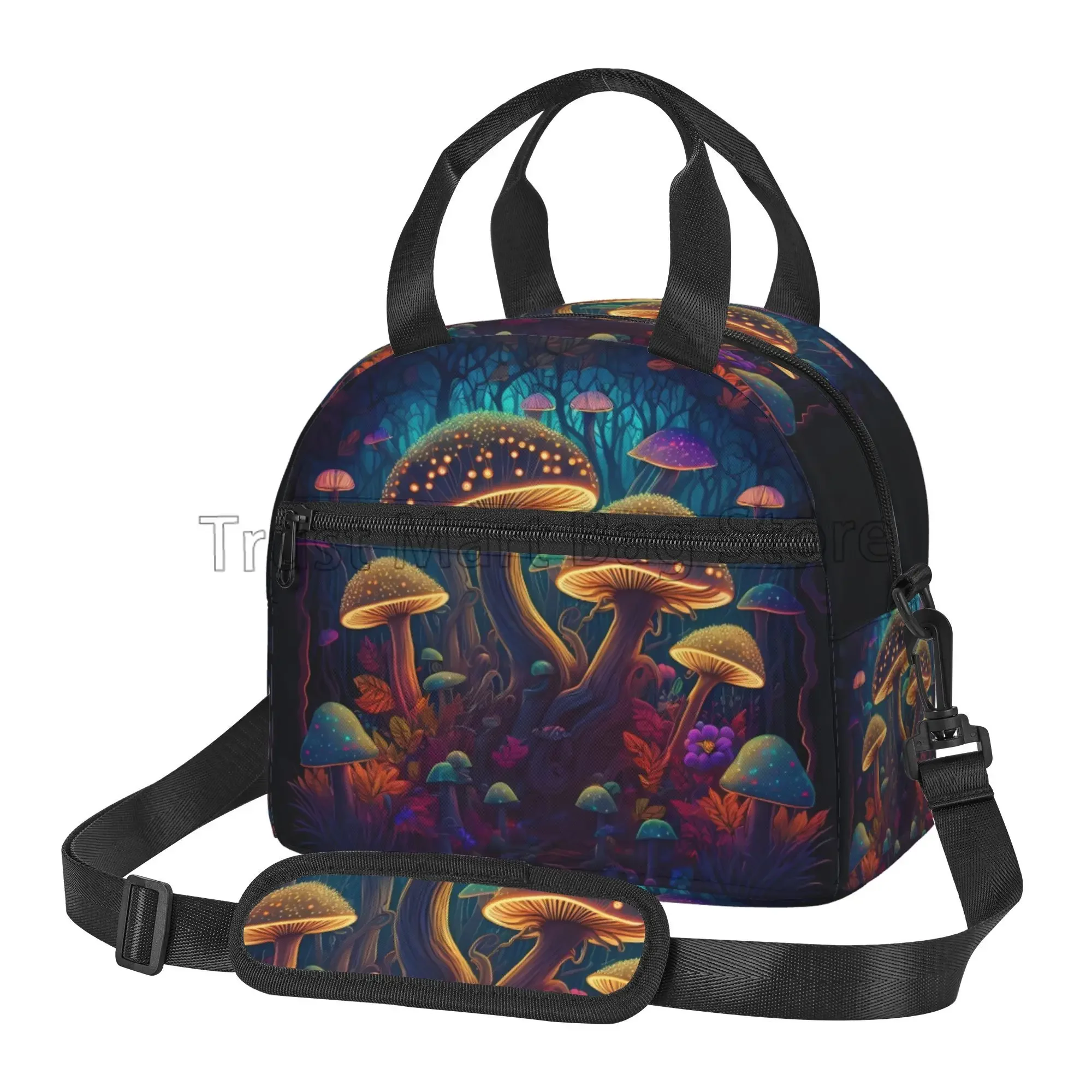 

Forest Colorful Mushrooms Insulated Lunch Bag Reusable Waterproof Thermal Lunch Box with Shoulder Strap for Work Picnic Beach