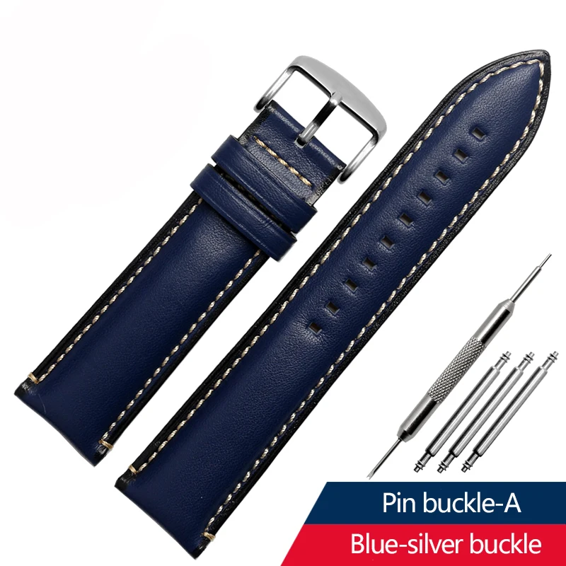 thumbnail image 1 of Correa de reloj de cuero genuino para Breitling Heuer Tudor Seiko Omega para hombres y mujeres, 20 mm, 22 mm, 24 mm, pulsera de reloj marrón y azul, 1 of 5