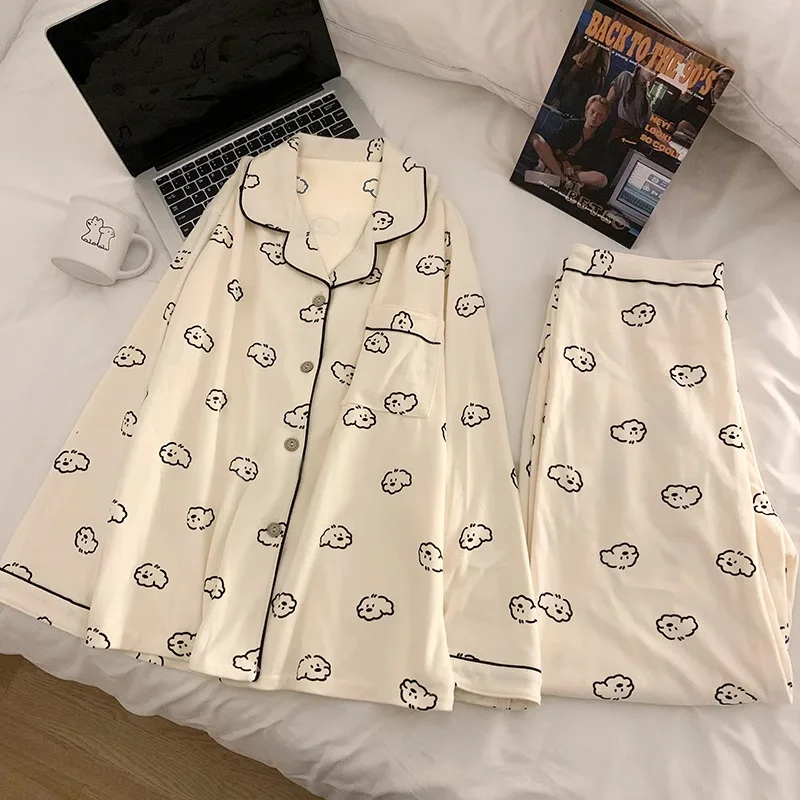 Cute Couple Sleepwear Thin Home Clothes Set for Men And Women Breathable Comfortable Long Sleeve Long Pants Home Leisure Wear