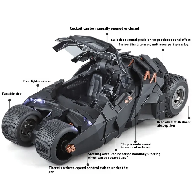 1:18 Batmobile Tumbler Alloy Metal Car Diecast Toy Vehicle Car Model Sound & Light Slide Spray Truck Toys For Kids Birthday Gift 2