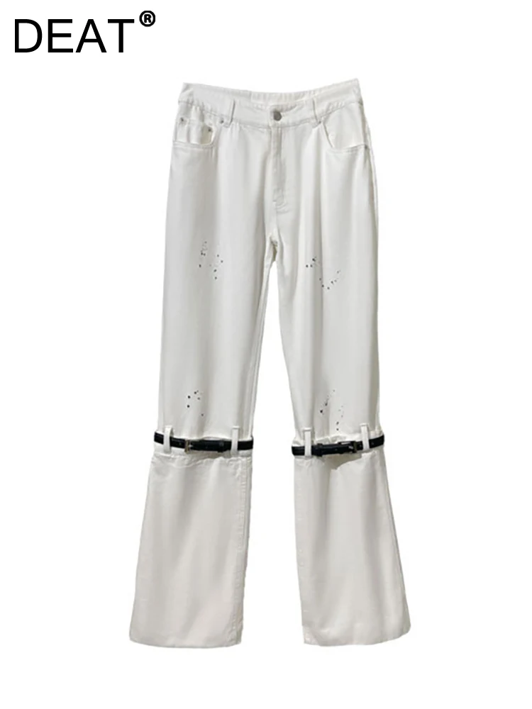 

DEAT Women's Jeans High Waist White Spliced Pu Leather Belt Straight Wide Leg Retro Denim Pants 2024 Spring New Fashion 29L3609