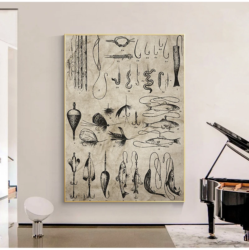 Fishing Lure Illustration Canvas Painting Fishing Poster Rod Hooks