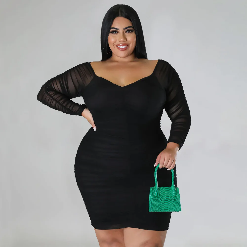 

Plus Size Women 4xl Dress Mesh Off Shoulder Elegant Dress 2022 Autumn Lady Casual Club Skirts Female Luxury Wholesale Clothes