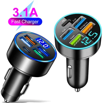 Caricabatteria per auto da 15,5 W 4USB Tipo-C Caricabatteria per auto con display digitale 5 V 3.1 A con adattatore di alimentazione per auto multiporta con rilevamento della tensione