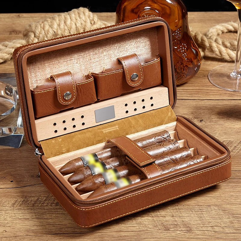 

Leather Cigar Case Travel Cigar Box moisturizer Cuba Humidor Cedar Wood Portable Humidifier Cigars Smoking Accessories Men Gift