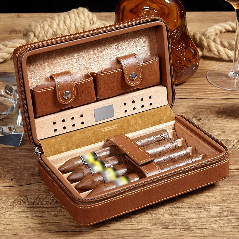 LeatherCigarCaseTravelCigarBoxmoisturizerCubaHumidorCedarWood