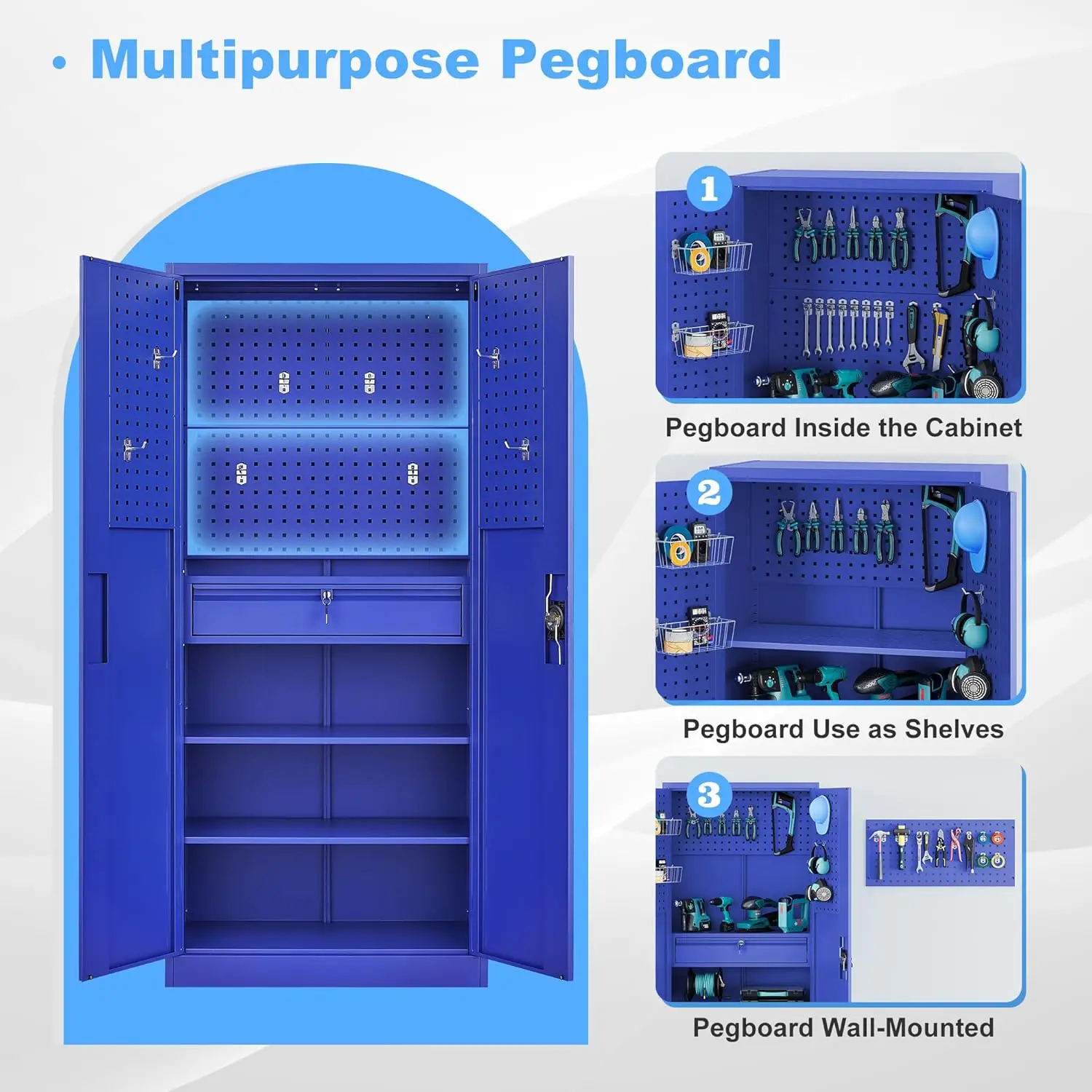 Metal Garage Tool Storage Cabinets with Pegboard 71" Heavy Duty Steel Cabinet with Drawer and Adjustable Shelves Lockable 6