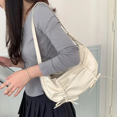Chic Designed Draw String Shoulder Bags For Women 2024 Solid Simple PU Underarm Bag New Summer Office Lady Totes Bolsa Mujer