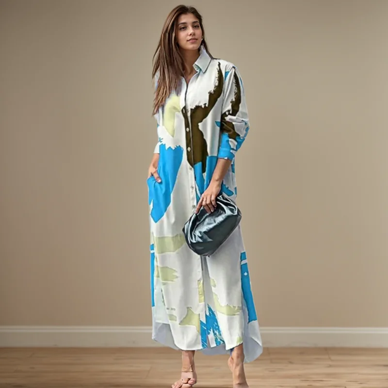 Fashion Sexy Side Split Turn Down Collar Shirt Long Dress Elegant Temperament Printed Long Sleeve Pocket Single Breasted Dress 5