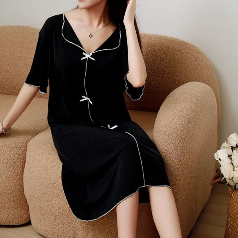 Women Summer One Piece Dress With Bow V-neck Short Sleeve Long Skirt Thin Loose Solid Elastic Soft Free Size Cute NightdressGirl