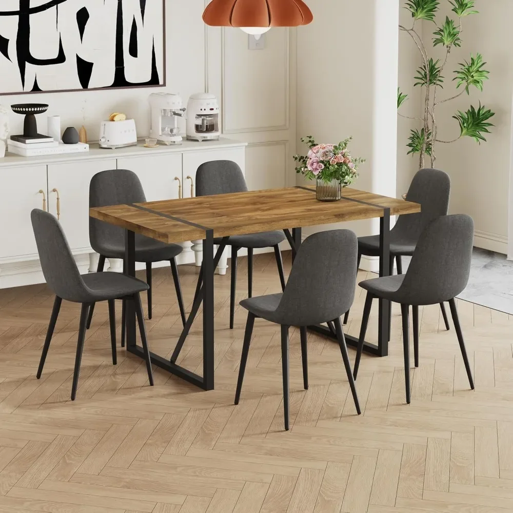 Dining Table Set for 6, Modern 55'' Dark Wood Dining Table and Fabric Dining Chairs Set of 6,Table Chairs Set of 6 for Kitchen