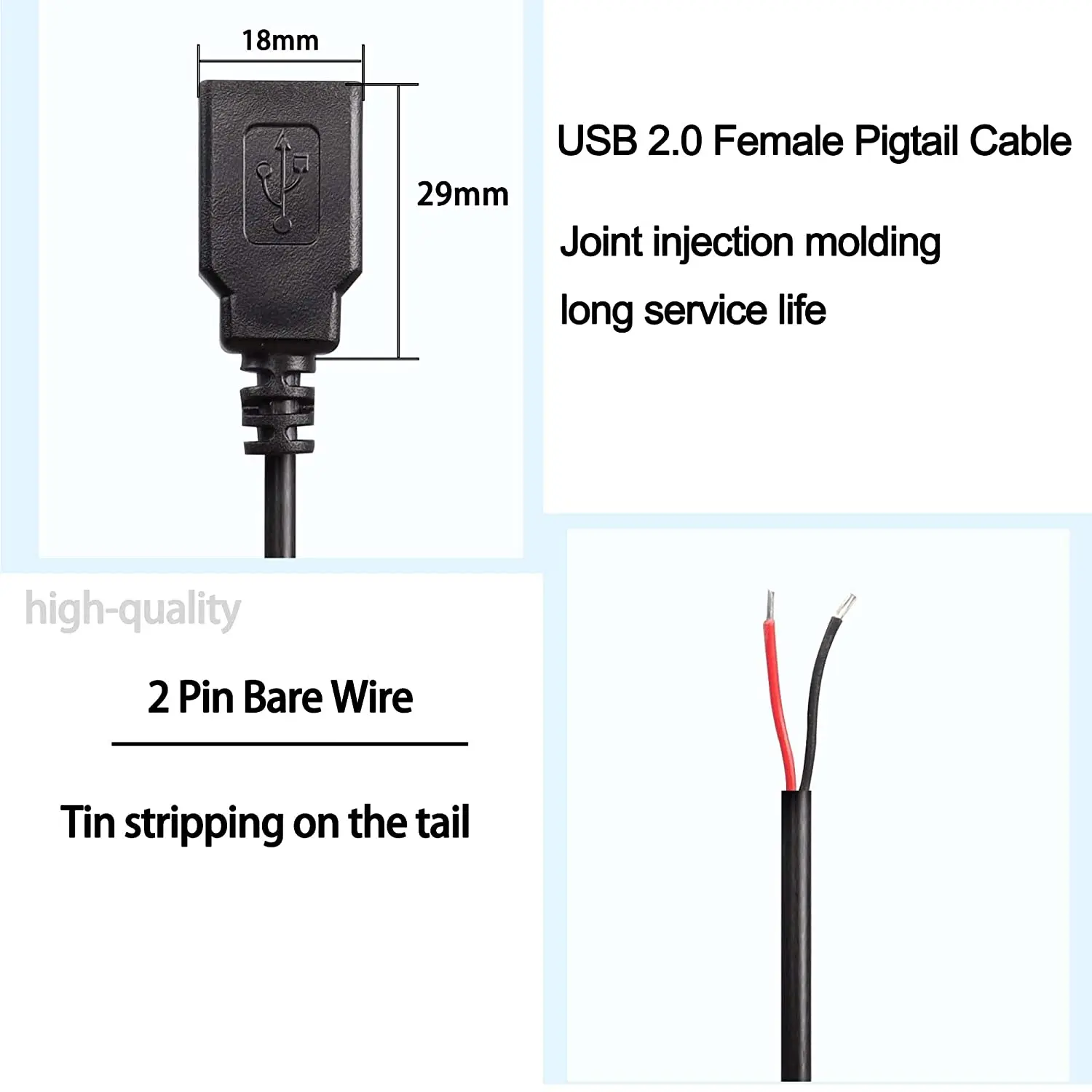 2pcs/lot USB Female Pigtail Cable Extension Power Cable 22AWG 5V 3A Socket to 2 Pin Bare Wire Open End Connector for DIY-2 Pcs