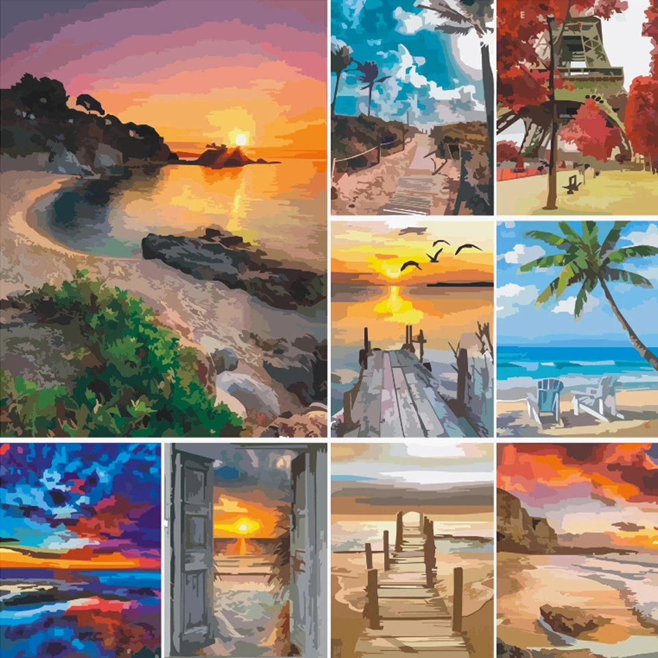 大人のデジタル油絵風景画サンセットキットアートキャンバスdiyアクリル絵画手作り家の装飾 Aliexpress