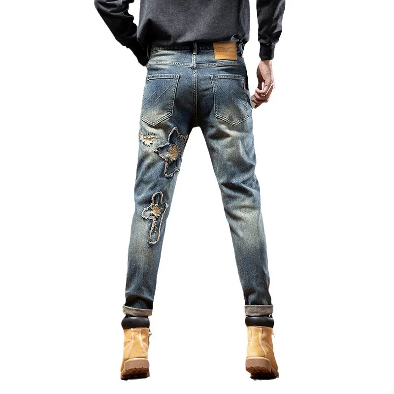 Speckled Embroidered Horse Jeans Men's High Elastic Loose Hole 3D Worn Zipper Bleached Slim Fit Straight Leg Pants Flaps Winter2