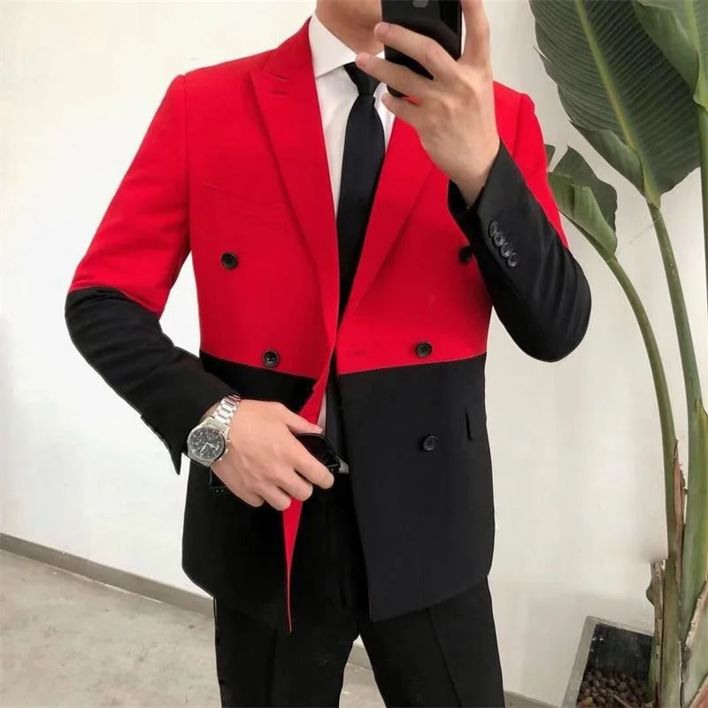 Men's Blazer Hombre Semi-Black Red White Double-Breasted Blazer Masculino Slim Wedding Prom Fashion Stitching Men's Men
