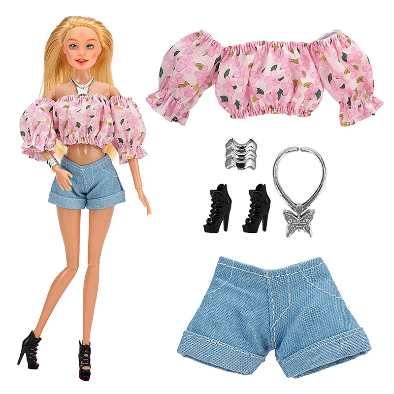 DIY Dolls Accessories Set - Pink Outfit with Dress, Shirt, Denim Pants, Bag, Hat, and Party Gown Costume - Perfect Christmas Gift