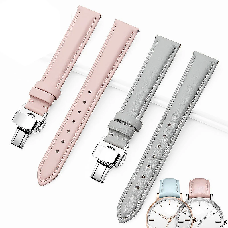 12MM 14MM 16MM 18MM 20MM Butterfly clasp smooth Mint green pink genuine leather watch band watch strap gray women bracelet