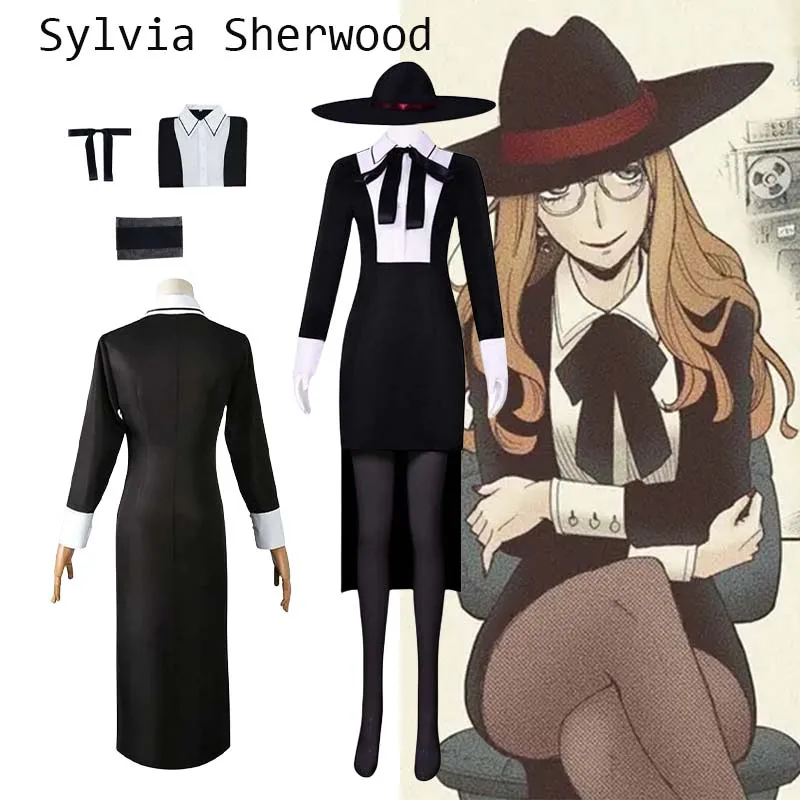 

Sylvia Sherwood Cosplay Anime Spy X Family Cosplay Costume Black Dress Lady Hat Set Christmas Carnival Party for Women Gifts