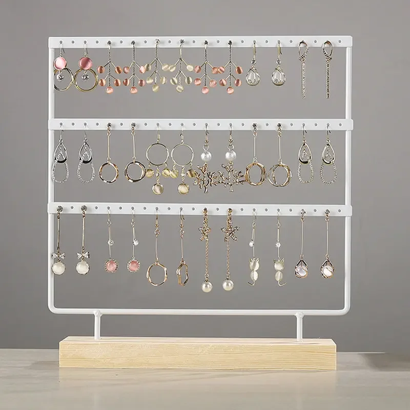 24/44/66 Holes Stand Jewelry Display Organizer Earrings Pendants Bracelets Jewelry Holder With Wooden Base Earrings Storage Rack