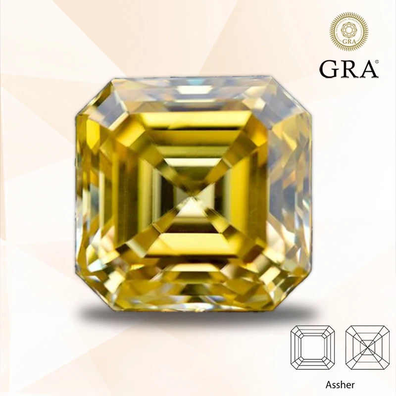 

Moissanite Stone Asscher Cut Golden Yellow Color with GRA Certificate for Pass Diamond Tester Charms Jewelry Making Materials