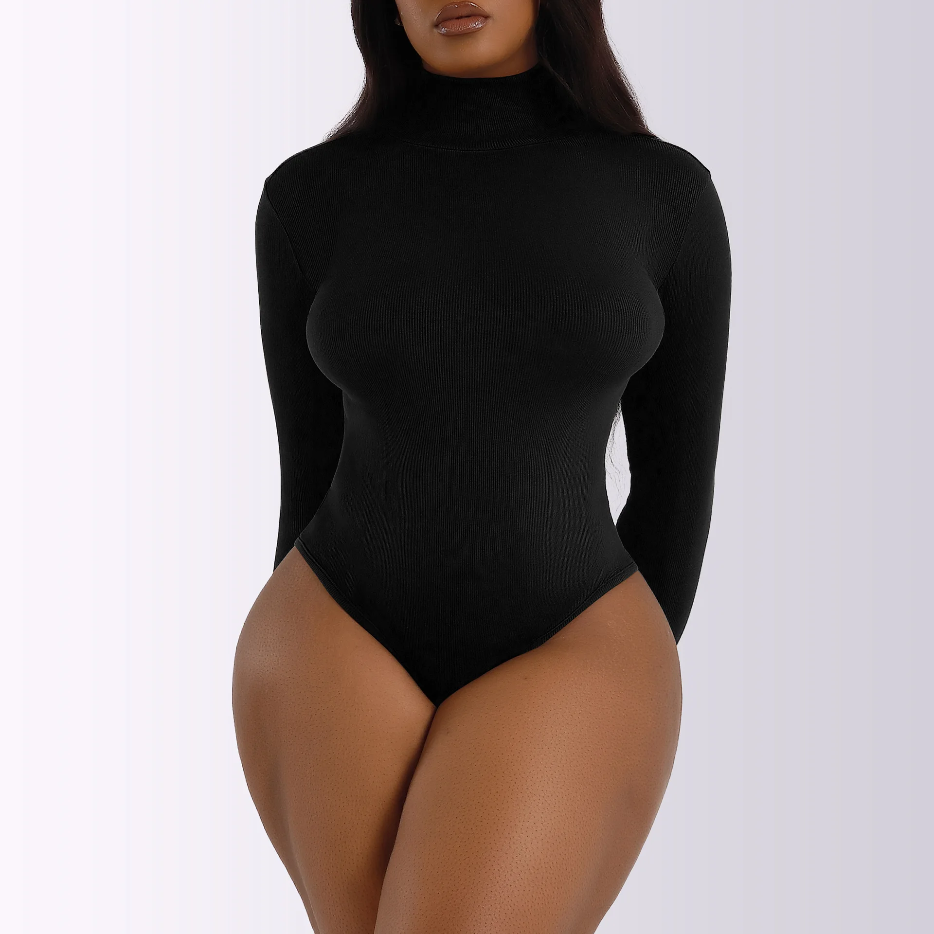 Plus Size Long Sleeve Bodysuit Women's Winter Turtleneck Bottoming Shirt Bodycon Onesie Rib Knit Tights Top Slim Fit Streetwear