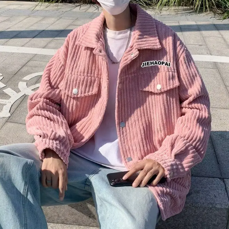 Corduroy Cargo Men Pit Strip Jackets Spring Fleece Warm Autumn Coat Popular Vintage Outerwear Male Trend Chic Y2K Ins Kpop Tops