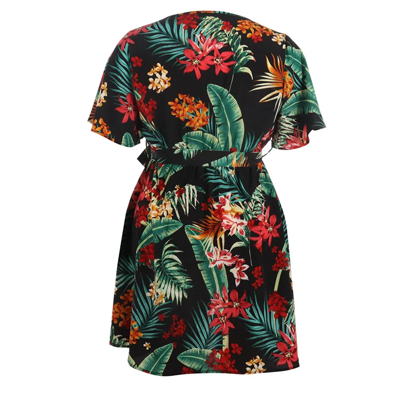 Flower Printed Casual Vacation A-line Dress Bohemian V-Neck Bandage Short Sleeve Plus Size Womens Pullover Knee-Length Dresses