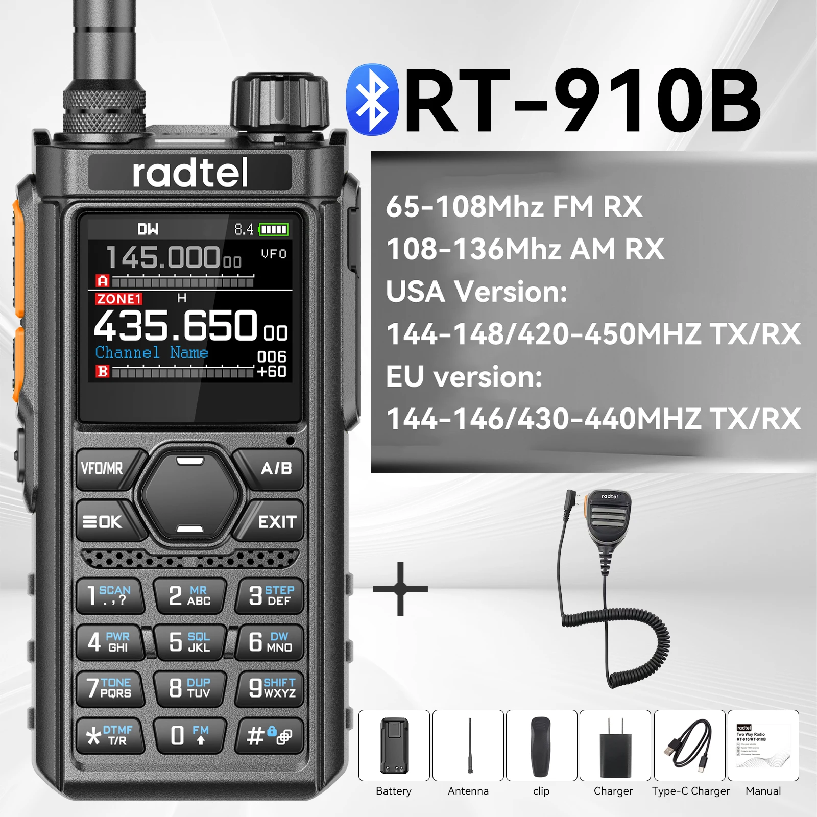 Bluetooth Programmable Walkie-Talkie with 960 Channels and AM/FM Air Band